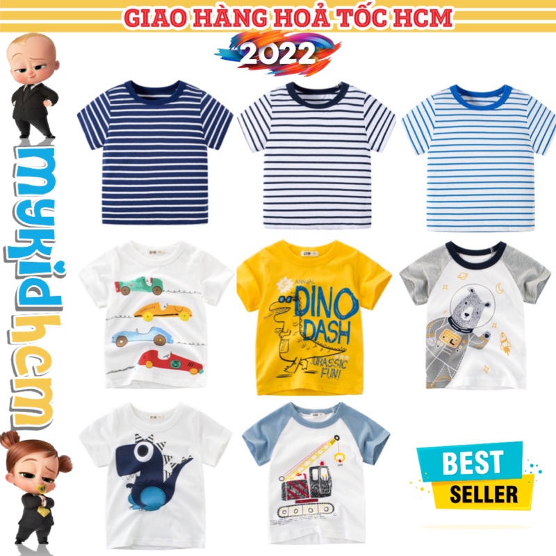 Áo thun SỌC MẪU MỚI 2022 cho bé trai và áo in hình XE CẦN CẨU KHỦNG LONG 4CAR ngộ nghĩnh chất cotton hàng xuất Âu Mỹ