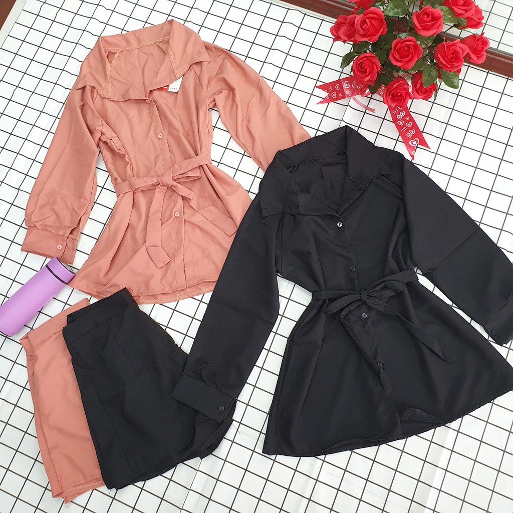 Set bộ Đùi Cổ Bẻ cột nơ eo hot trend tinh tế, SET SƠ MI KÈM QUẦN | BigBuy360 - bigbuy360.vn