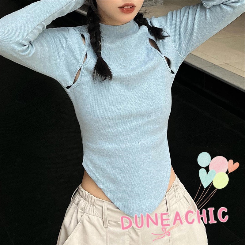 DUNEA Áo Thun Nữ Tay Dài Cổ Cao Màu Trơn Thời Trang