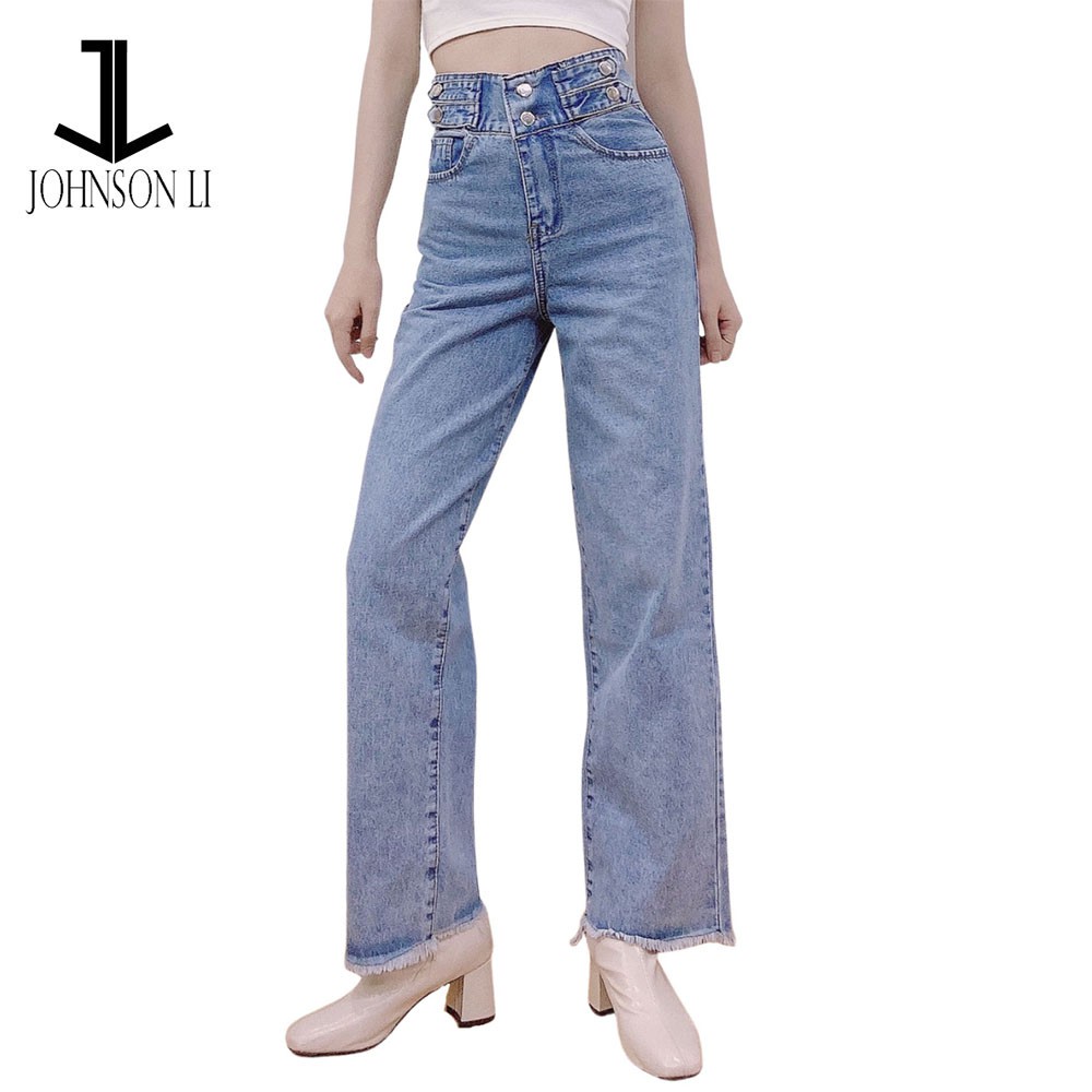 Quần baggy jean nữ lưng cao, cắt rách màu xanh jean LB597 JL JohnsonLi