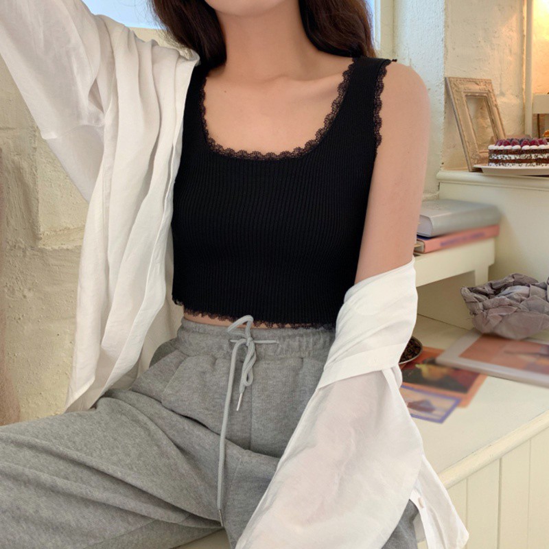 KOREAN STYLE Áo Sát Nách Dệt Kim Phối Ren Hoa Phong Cách Hàn Quốc