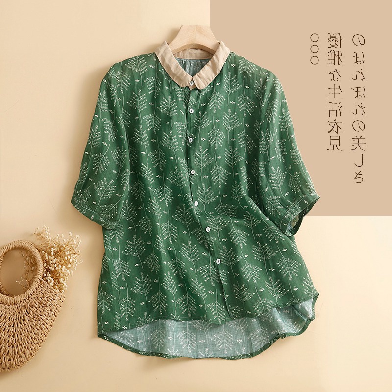 Ice pick up! Printed cotton linen tops short-sleeved shirt lapel ramie thin brand cut label