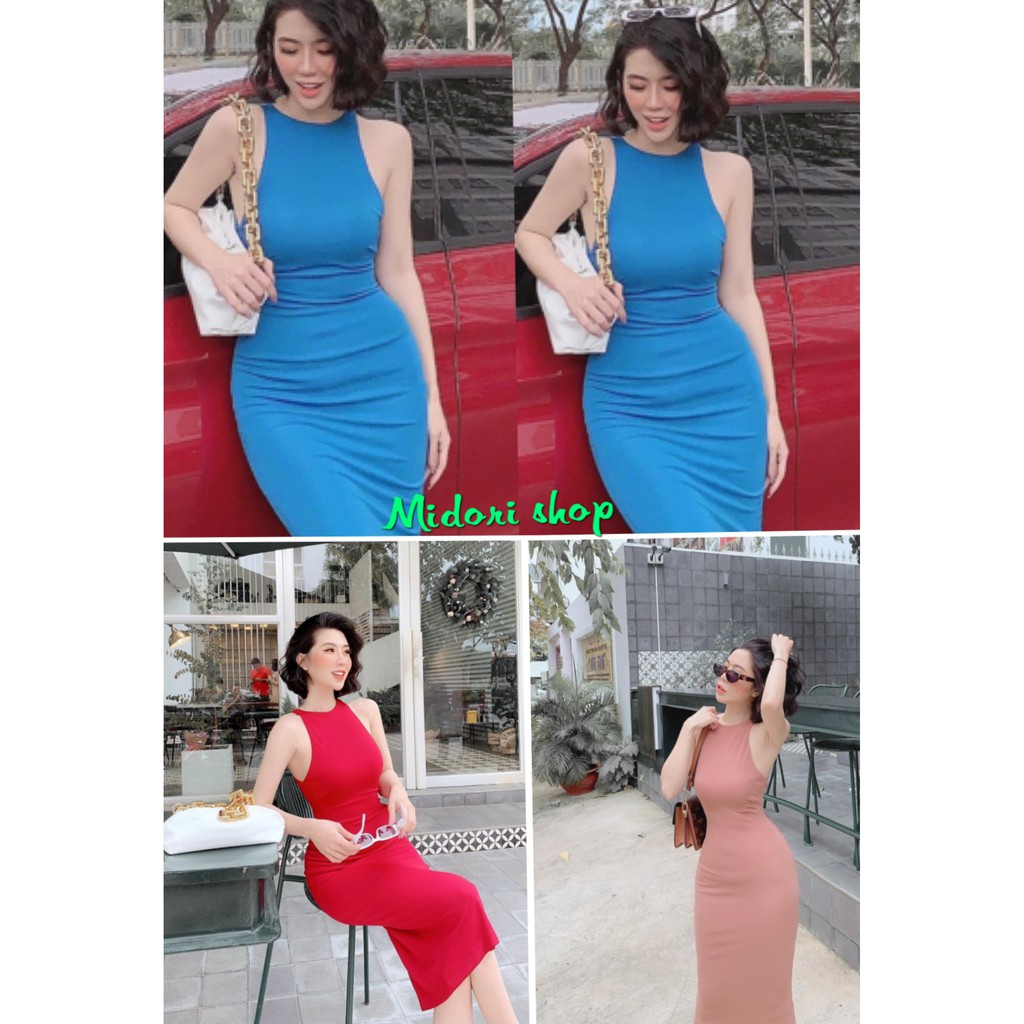 Đầm ôm body ba lỗ xẻ tà sau 4 màu chất thun co giãn