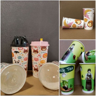 Combo 100 ly giấy coffe ,trà sữa có in hình 22oz (650ml) kèm nắp