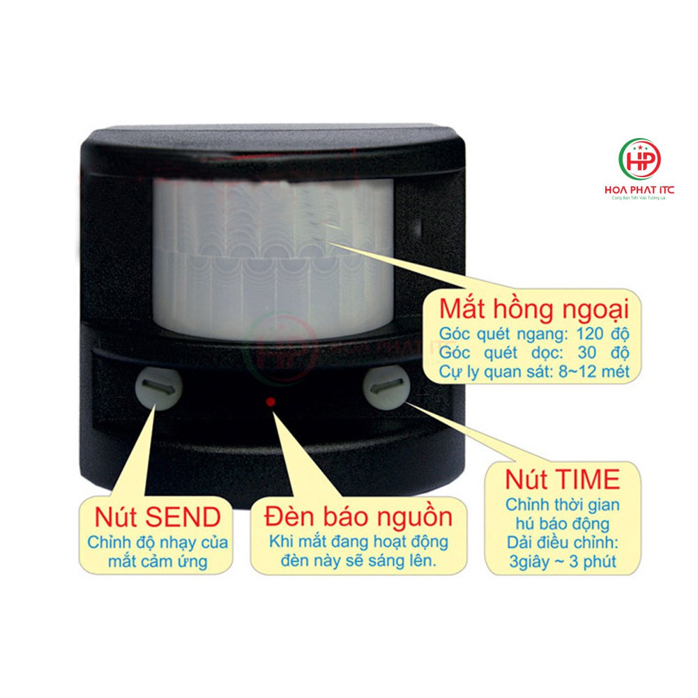 Báo động hồng ngoại 6 kiểu chuông DC-113A dùng điện 220V, hỗ trợ còi hú phụ và đèn