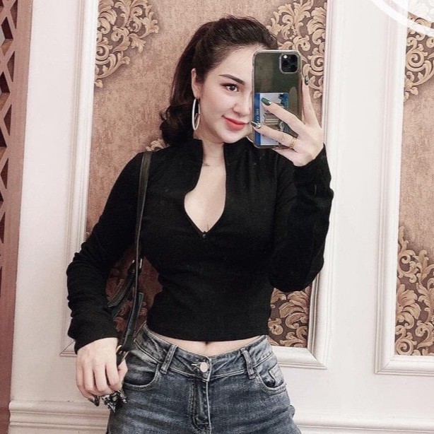 Áo croptop xinh kiểu thun thái xinh mịn dây kéo cổ lọ tay dài hot hit siêu hot