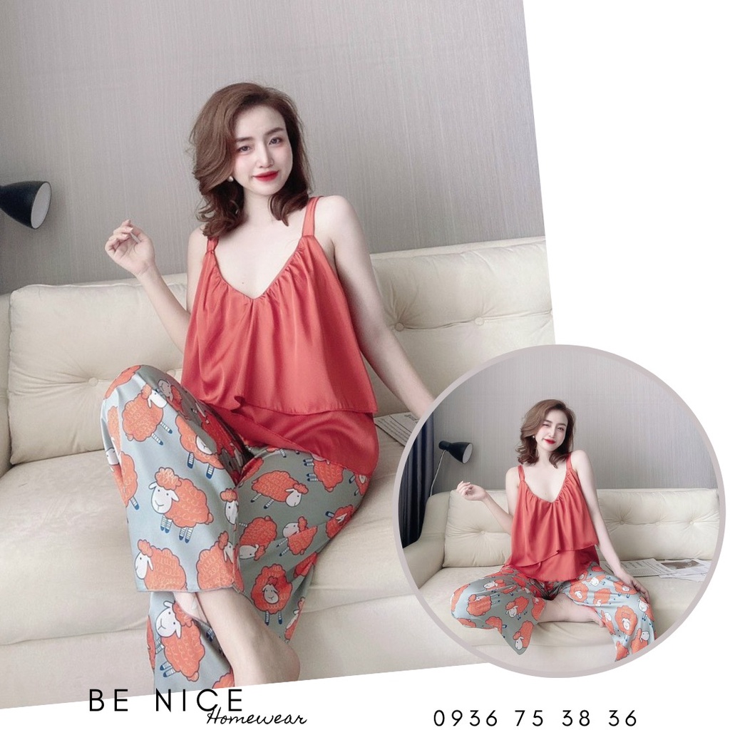 Set lụa hai dây tầng cổ V phối màu họa tiết xinh xắn  Be Nice Homewear