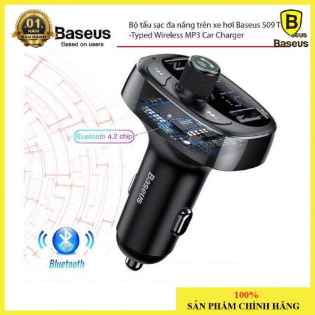 Bộ tẩu sạc nhanh 3.0 + phát Bluetooth, chơi nhạc, đọc USB đa năng trên xe hơi Baseus