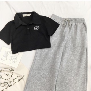🍬Set Quần Suông Xám + Crop Logo Đen