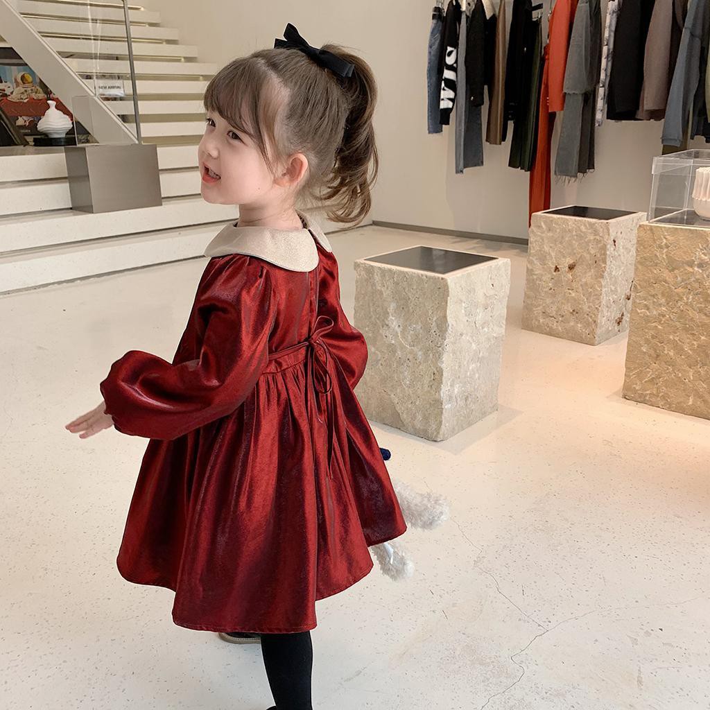❤Đầm Công Chúa Tay Dài Lót Lông Cừu Dày Dặn Cổ Búp Bê Màu Đỏ Thời Trang Thu Đông Năm Mới 2021 Cho Bé Gái
