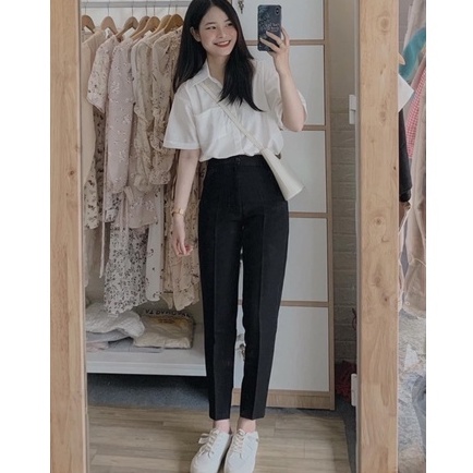 Quần tây baggy đi học nữ cạp có đai lưng cao màu đen đứng dáng dài Quần vải nữ công sở dày dặn phối áo sơ mi đi học làm