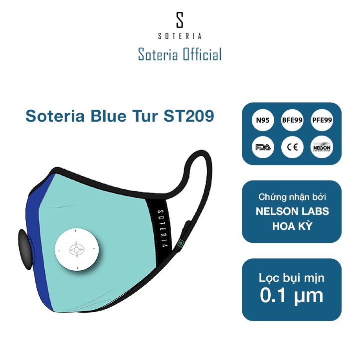 Khẩu trang tiêu chuẩn Quốc Tế SOTERIA Blue Tur ST209 - Bộ lọc N95 BFE PFE 99 lọc đến 99% bụi mịn 0.1 micro- Size S,M,L