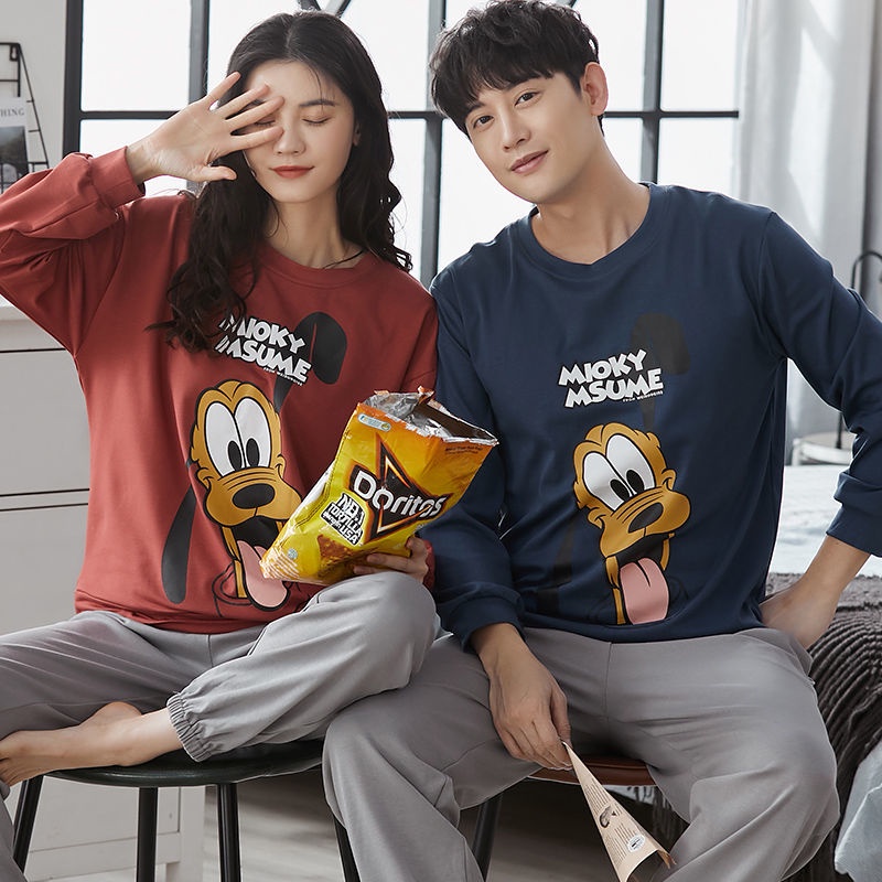 Bộ đồ ngủ cotton tay dài thời trang xuân hè cho cặp đôi 1If