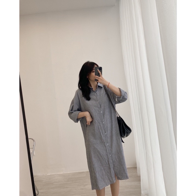 Váy sơ mi kẻ sọc dài tay dáng suông kèm đai