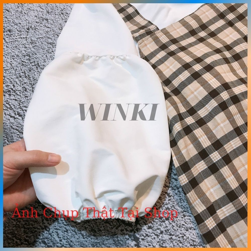 Váy yếm kẻ caro tặng kèm áo tay bồng Ulzzang, Bộ váy vintage kèm áo tay bo | BigBuy360 - bigbuy360.vn