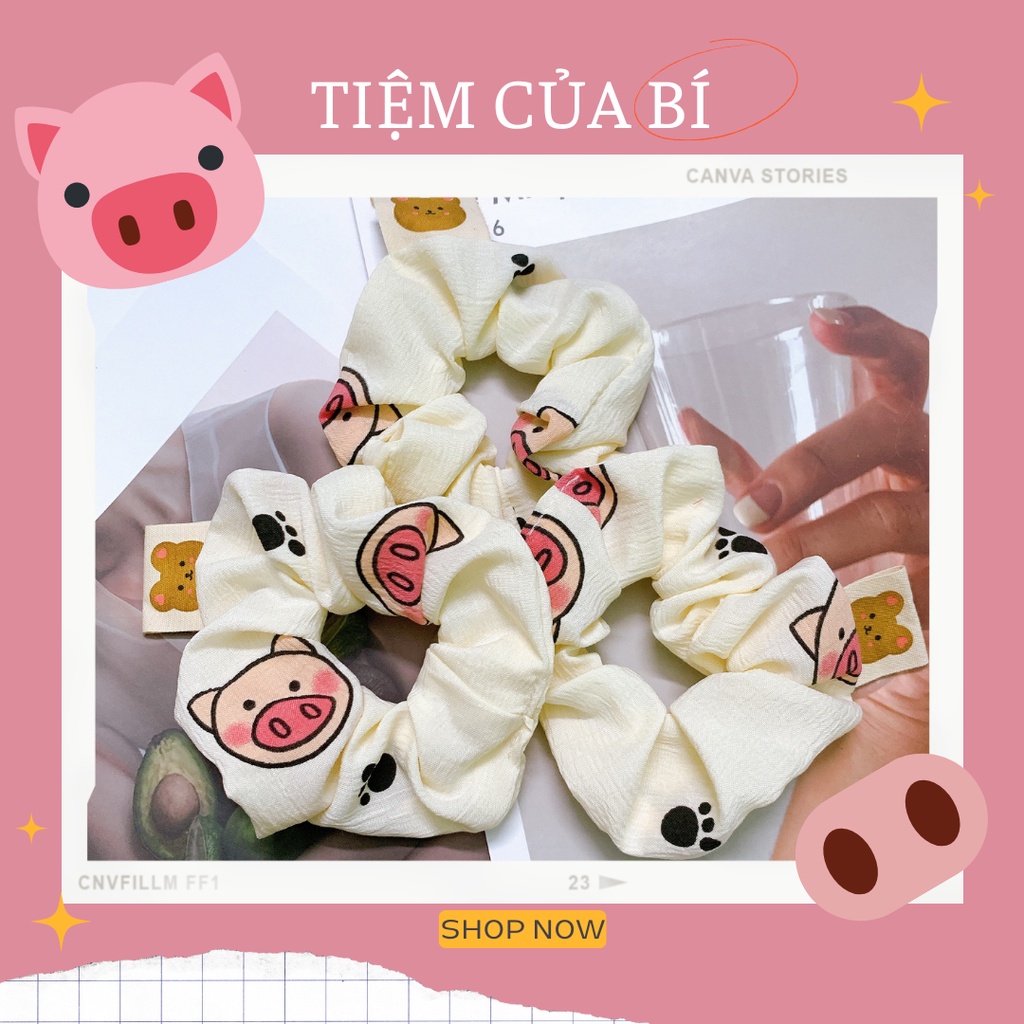 [Handmade] Scrunchies dây buộc tóc họa tiết heo xinh kèm tag gấu dễ thương