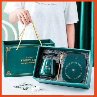 Cốc Hâm Nóng đồ uống kèm đế điện, Bộ ly sứ kèm đế điện hâm nóng trà, cafe, hâm sữa + Tặng kèm thìa vàng, hộp