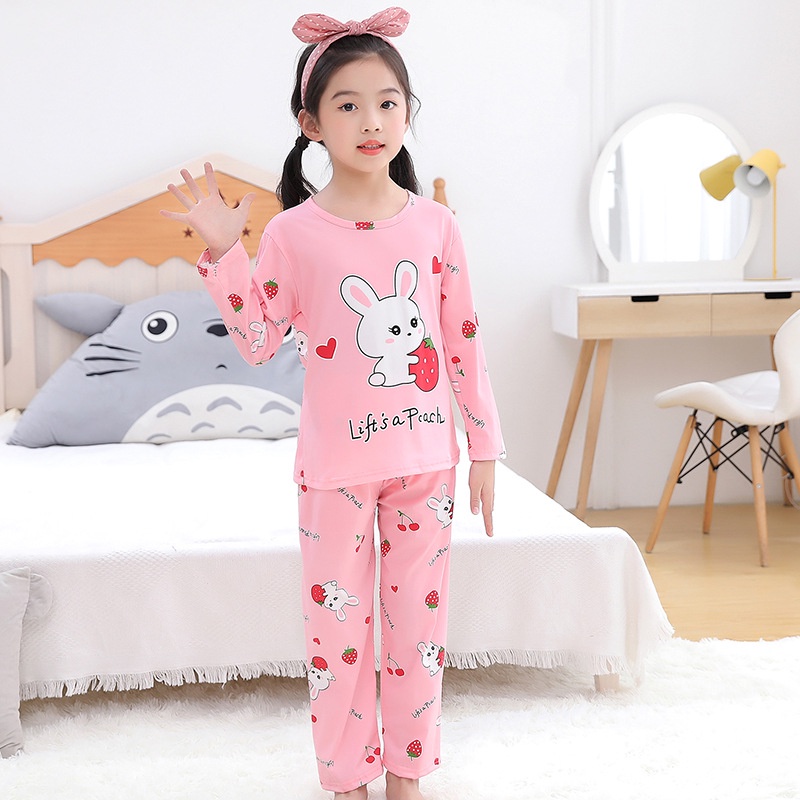 Set đồ ngủ áo thun tay dài + quần dài in hoạt hình Hello Kitty cho bé gái