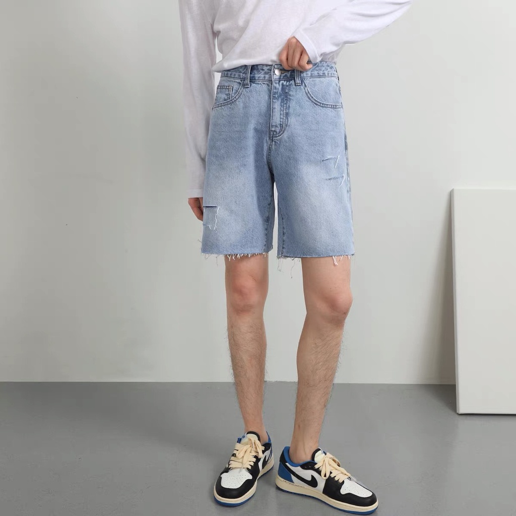Quần short jean nam lai thả wax rách