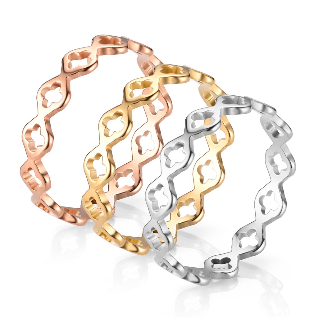 Nhẫn Cưới Chất Liệu Thép Titan Mạ Vàng Hồng 18K Hình Cỏ Bốn Lá