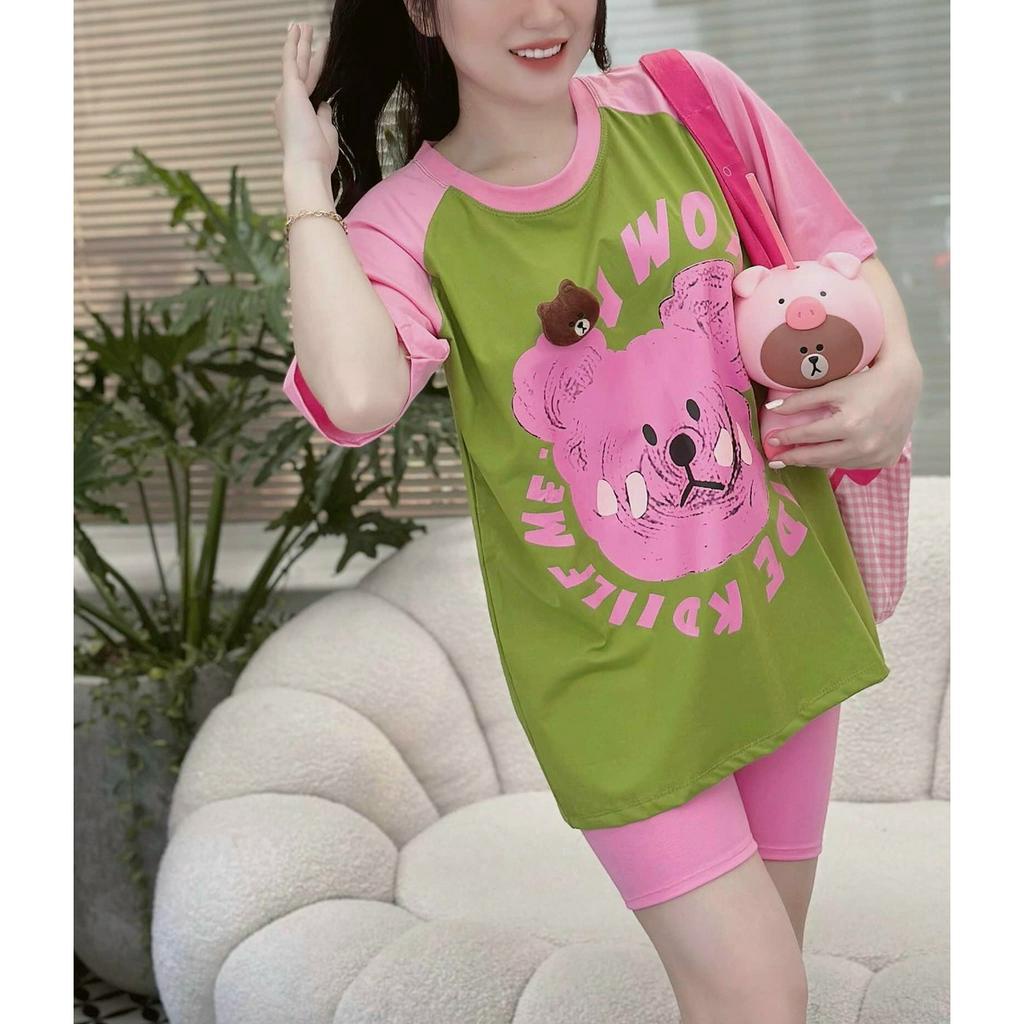 Đồ bộ mặc nhà from rộng in gấu tay phối cute mix quần ôm legging,bộ thun co dãn thoáng mát