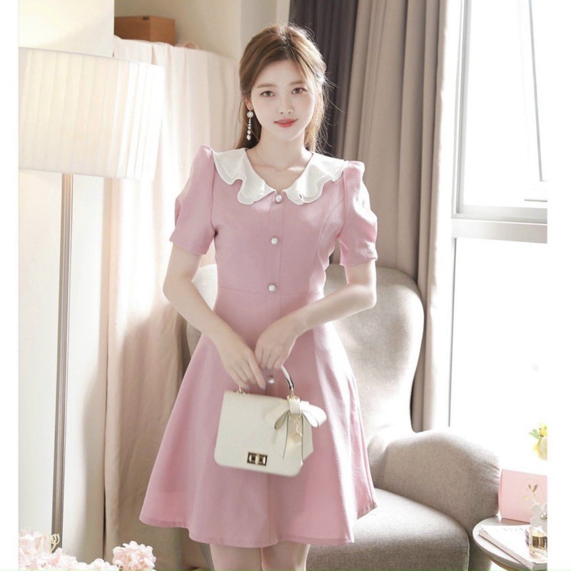Đầm váy freesize cổ trắng nút ngọc 2 màu