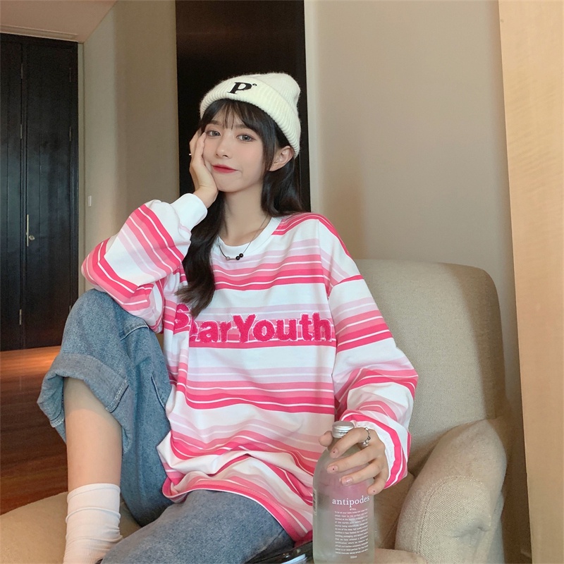 【ZHELIHANGFEI】Áo Thun Tay Dài Họa Tiết Sọc Theo Phong Cách Preppy Dễ Phối Đồ