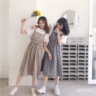 Sét Váy Yếm Kẻ Caro Hothit, Áo Thun Trắng Kèm Yếm Kẻ Caro Dài Phong Cách Hàn Quốc - VYKK