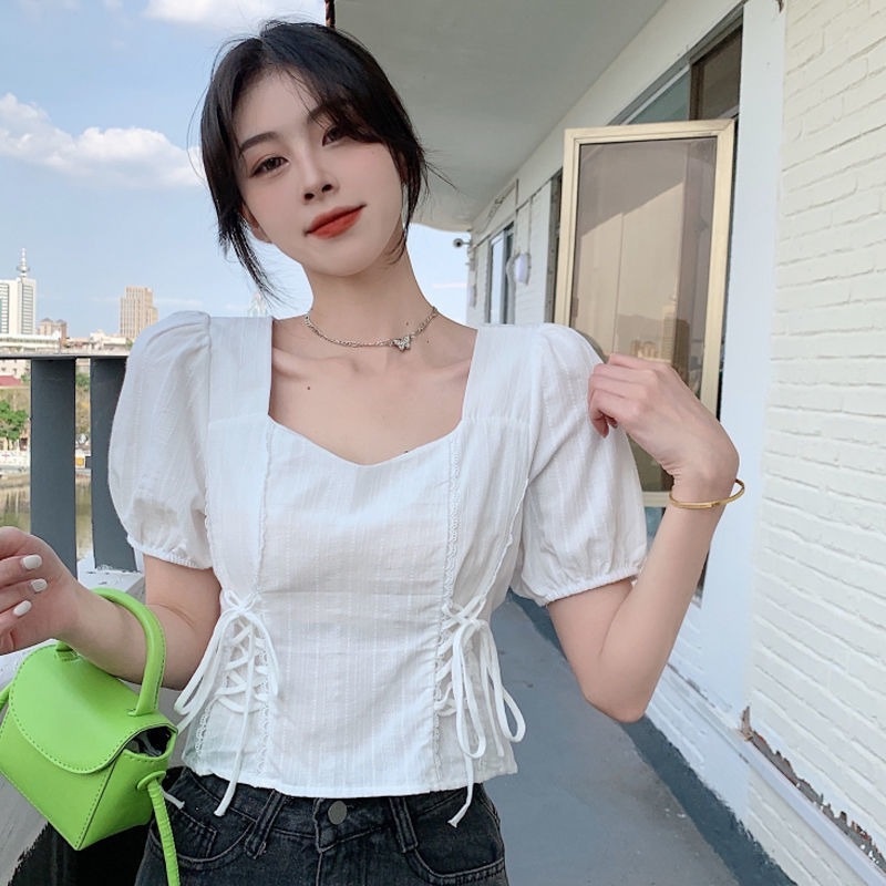 Áo Kiểu Cổ Vuông Tay Phồng Phối Dây Rút Phong Cách Pháp Thời Trang Mùa Hè Cho Nữ