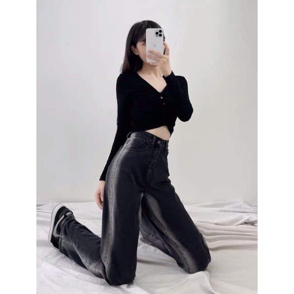 Quần bò ống rộng dài chân màu đen khói loang 2 bên TC