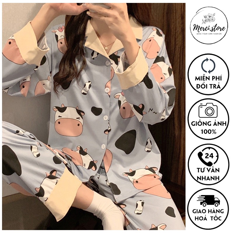 Bộ ngủ bò sữa, pijama, đồ mặc ở nhà dài tay mùa thu đông Hàng Quảng Châu chất mịn đẹp hình bò sữa | BigBuy360 - bigbuy360.vn