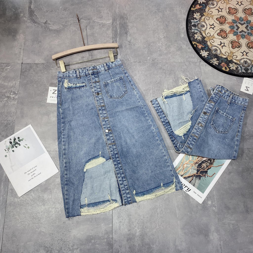 [Mã SKAMA06 giảm 8% tối đa 50K đơn 250K] Chân váy jeans rách cài cúc mã 1240 ( kèm ảnh thật, video )