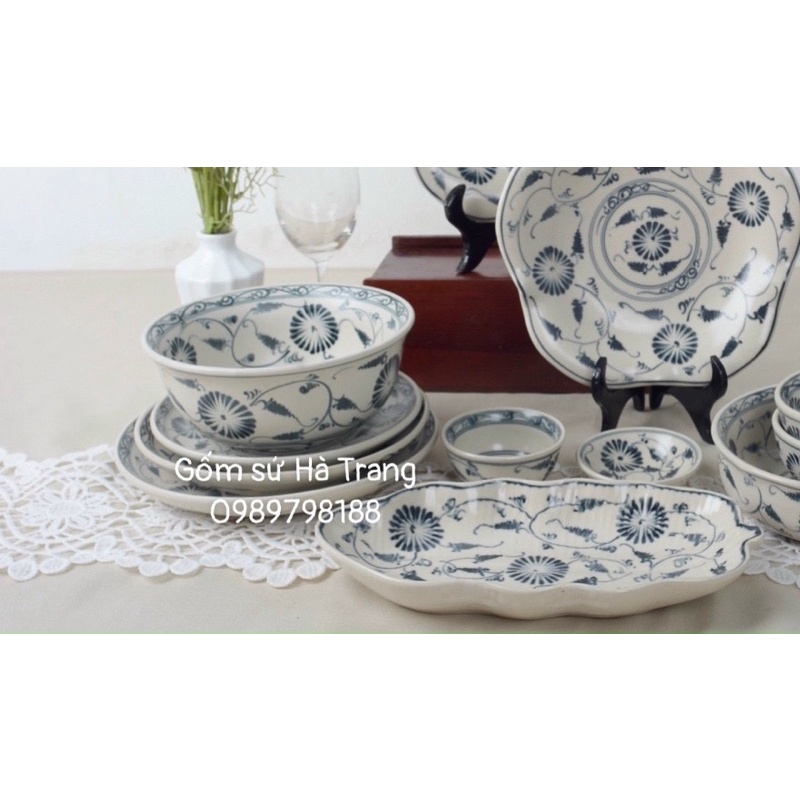 Các món bát đĩa tách lẻ set của bộ bát đĩa gốm sứ Bát Tràng cao cấp men rạn vẽ hoạ tiết cúc
