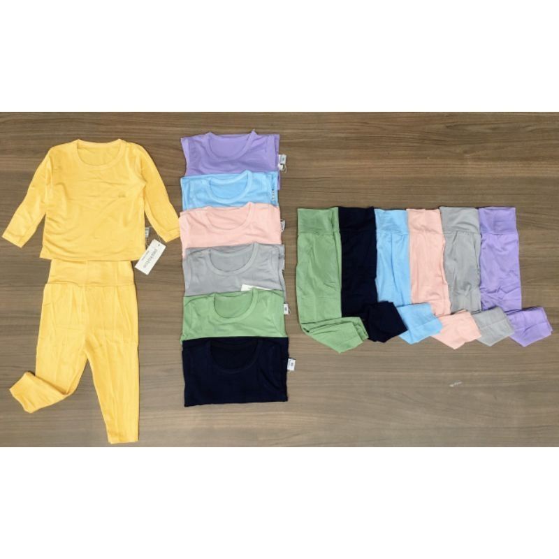 [Bé 7-17kg] Bộ Tay dài thun lạnh màu trơn quần cạp cao ấm bụng cho bé trai bé gái