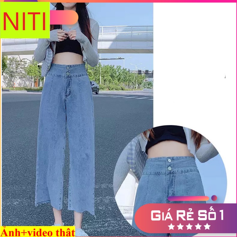 [ KHOẢNG KHÔNG ] QUẦN JEAN ỐNG RỘNG NỮ LƯNG CAO 2 NÚT PHỐI LAI TUA MÀU XANH NHẠT CAO CẤP NITIQC SIÊU HOT HIT ĐẲNG CẤP