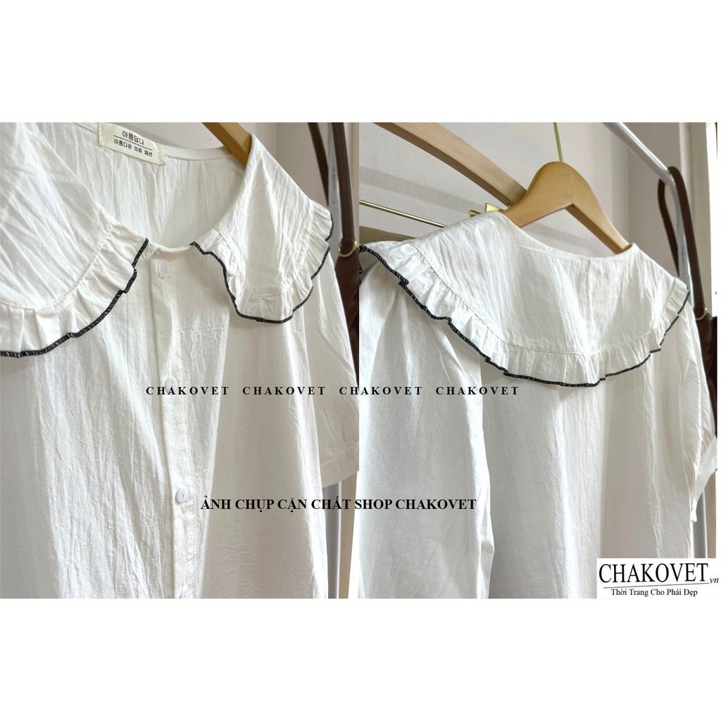 Áo kiểu nữ cổ bèo viền đen CKA836, kiểu sơ mi cổ tròn cộc tay cài cúc màu trắng be freesize mẫu mới mặc đẹp dáng xinh | BigBuy360 - bigbuy360.vn