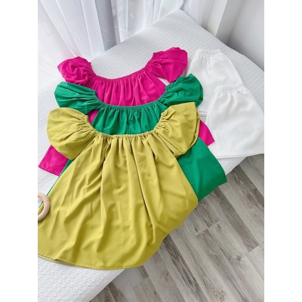 Set Áo Bẹt Vai tay bí quần đùi trắng
