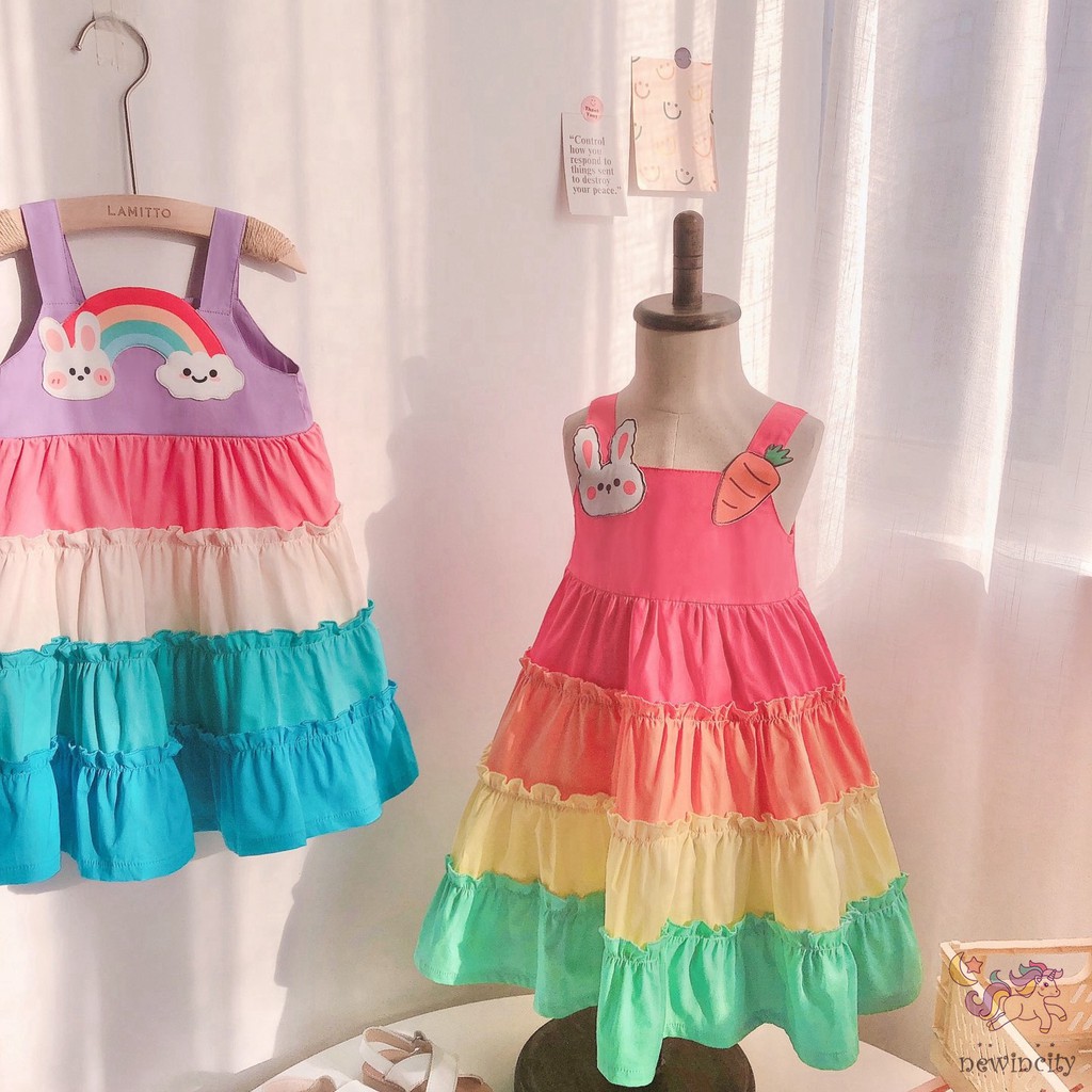 Đầm không tay thiết kế phối màu cầu vồng hoạt hình thời trang Hàn Quốc cho bé gái