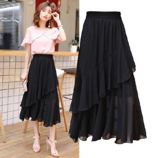 Chân váy voan chữ A xếp ly bất đối xứng dài qua đầu gối thời trang Hàn Quốc