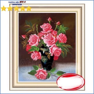 Tranh thêu chữ thập bình hoa hồng đỏ al31316 |50x60cm| - chưa thêu