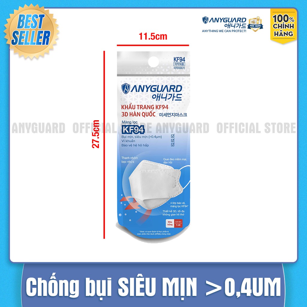 Combo 10 Chiếc Khẩu Trang  ANYGUARD KF94 Form 3D Cao Cấp Chính Hãng - 4 Lớp Chống Bụi Siêu Mịn 0.4um Dành Cho Người Lớn