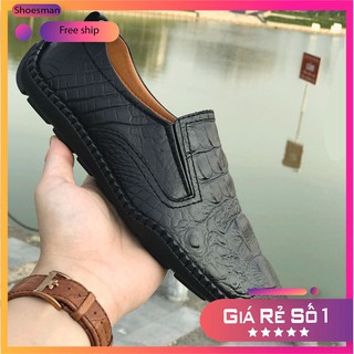 Giày Lười Nam Da Bò Vân Cá Sấu - Màu Đen