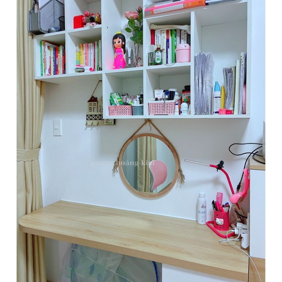 Gương decor phòng ngủ, Gương trang điểm treo tường viền gỗ trang trí phòng đường kính tự chọn kèm phụ kiện guonghoangkim