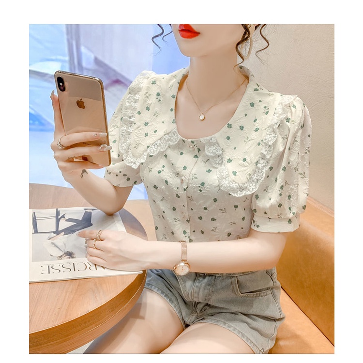 Áo Sơ Mi Tay Ngắn Phồng Cổ Búp Bê In Họa Tiết Hoa Phong Cách Pháp Thời Trang Dành Cho Nữ