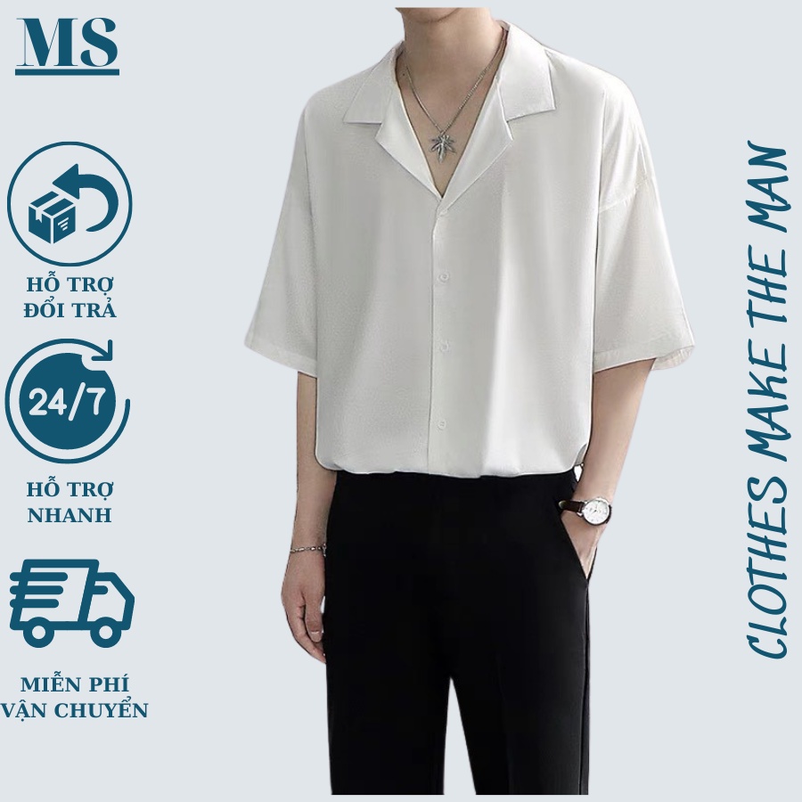 Áo sơ mi tay ngắn nam nữ form rộng - kiểu sơ mi cổ vest unisex Hàn Quốc, chất vải lụa co giãn Menswear