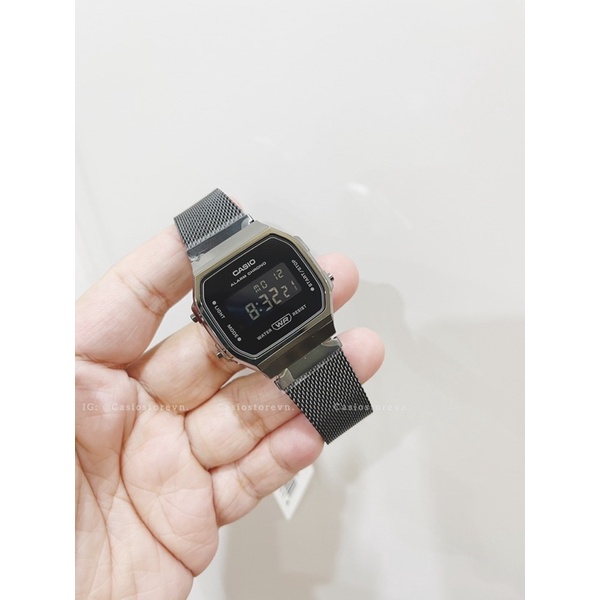 Đồng hồ Nam Casio A168WEMB-1B, đồng hồ chính hãng, dây mesh full đen