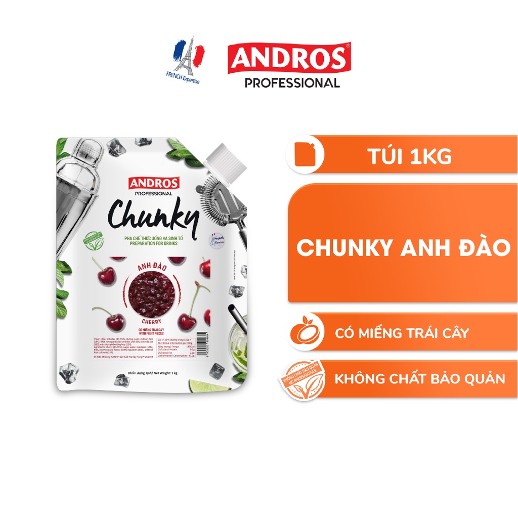 Mứt Trái Cây Pha Chế Anh Đào - Có miếng trái cây thật - Nguyên liệu pha chế - ANDROS CHUNKY - 1kg