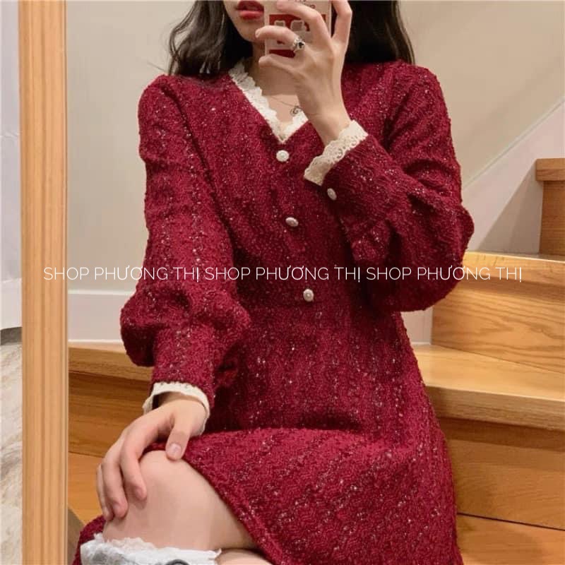 Váy dạ kim tuyến cổ V viền ren màu đỏ siêu tôn da (hàng sẵn) | BigBuy360 - bigbuy360.vn