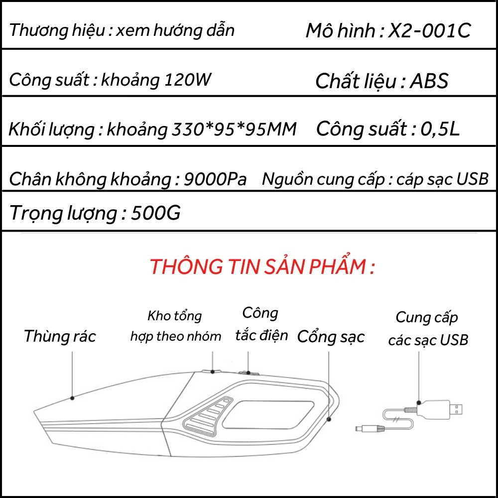 Máy hút bụi ô tô cầm tay công suất lớn, Máy hút bụi không dây cho xe hơi công suất 120W sạc bằng dây usb 5 đầu hút