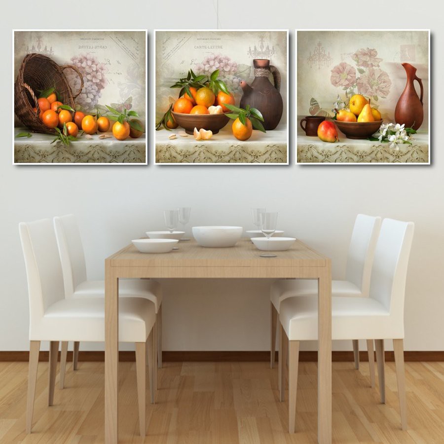 Bộ 3 tấm tranh canvas treo tường Lala trái cây 2 trang trí phòng ăn kèm đinh 3 chân đa năng